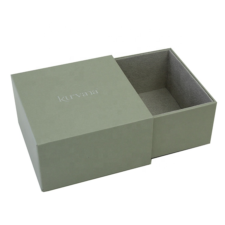 Green Sliding Drawer Box with Grey Velvet Inside