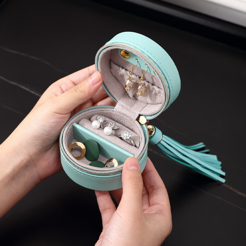 Round PU Jewelry Box with Zipper & Tassel