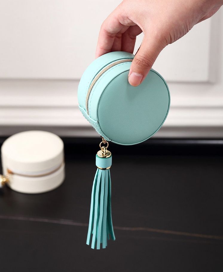 Round PU Jewelry Box with Zipper & Tassel