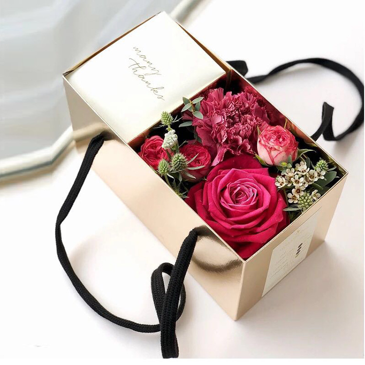 Flower Gift Box with Shiny Paper and Ribbon Handle