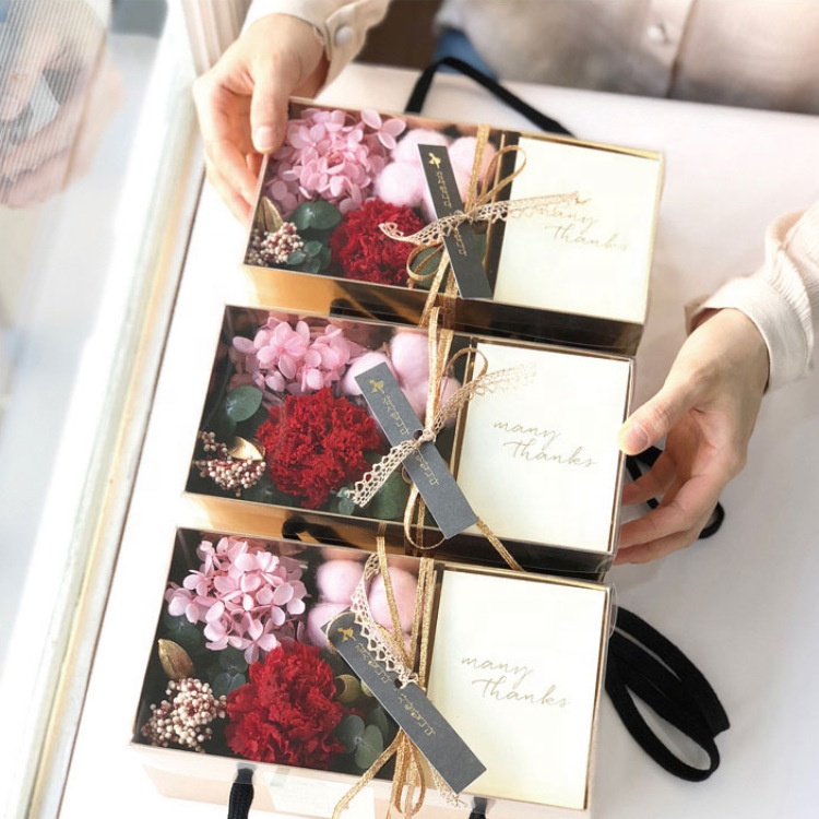 Flower Gift Box with Shiny Paper and Ribbon Handle