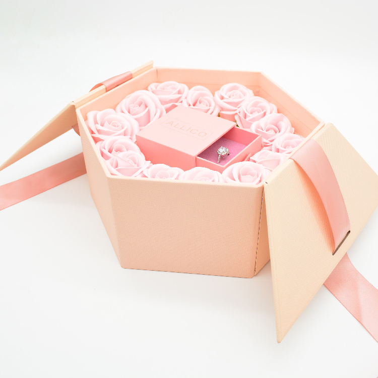 Hexagon Shape Flower Box with Ribbon