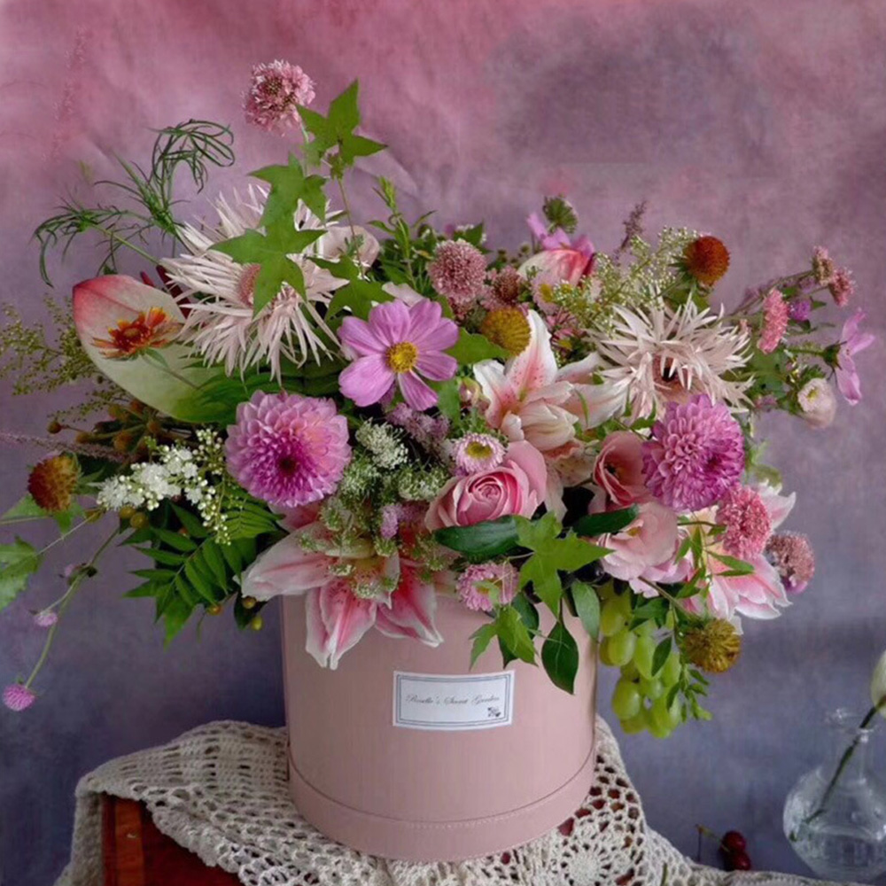 PU Round Flower Box with Ribbon