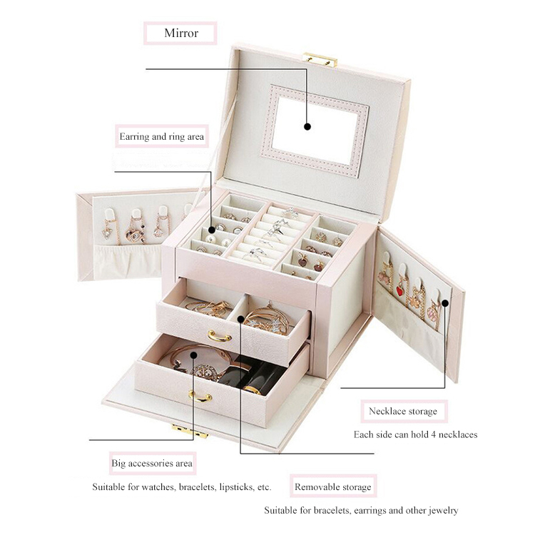 Three Layers Luxury PU Jewelry Box with Mirror